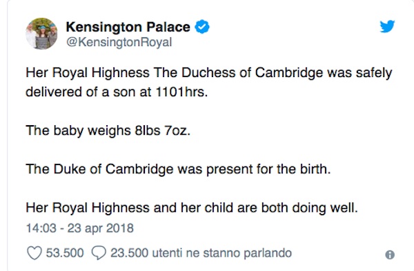 Regno Unito, è maschio il terzo royal baby